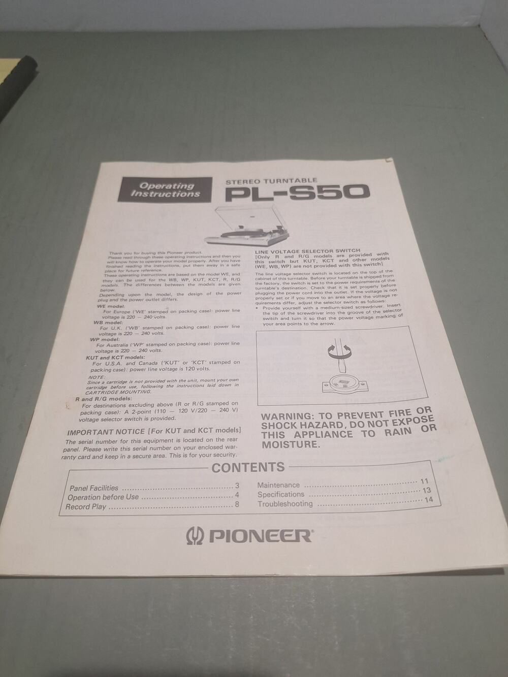 Pioneer PL-S50 Turntable Manual Original Operating Instructions Stereo Record